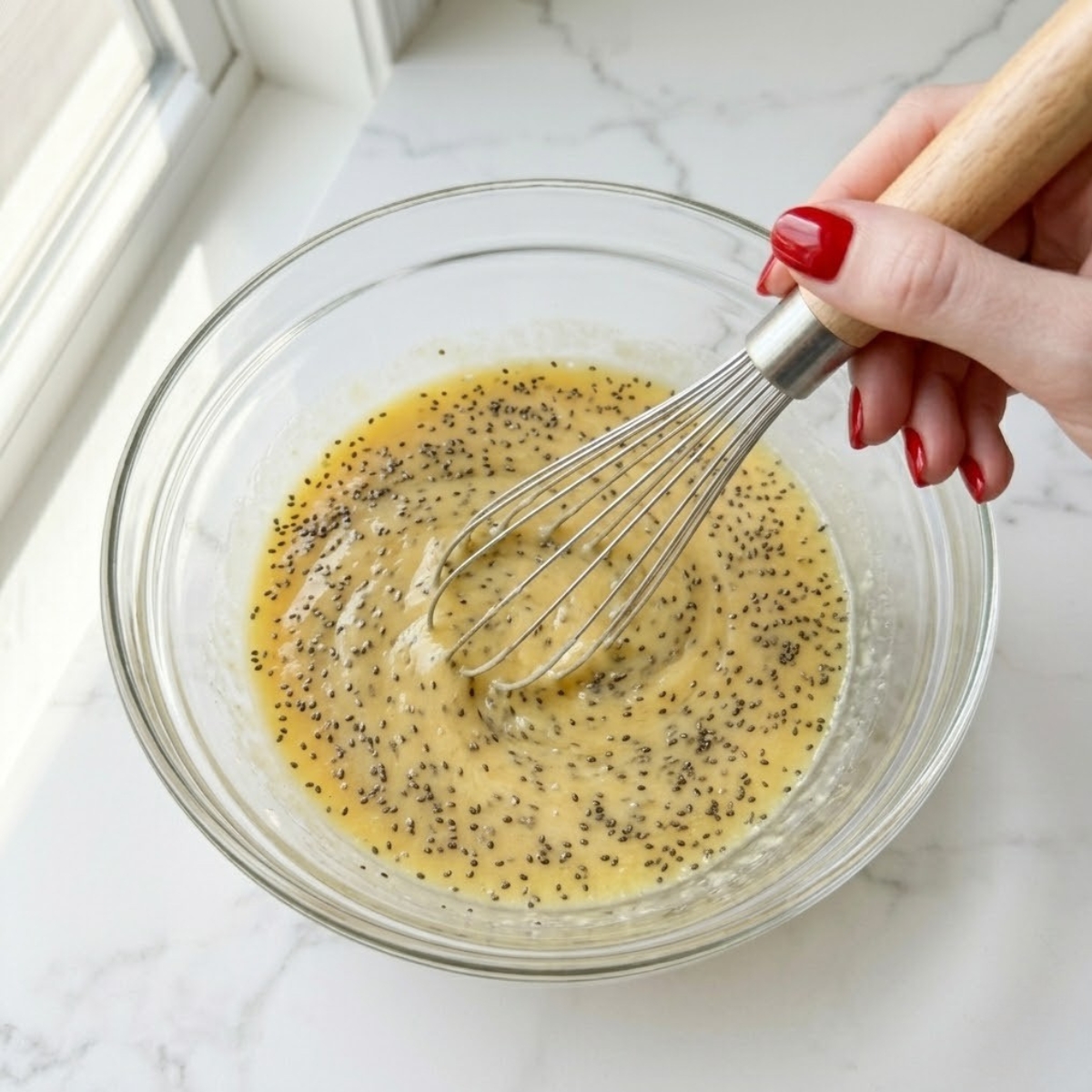 Close-up view of a young woman's hands with classic red nails using a whisk to thoroughly mix chia seeds into a smooth lemon-coconut liquid inside a mixing bowl on a white marble counter.