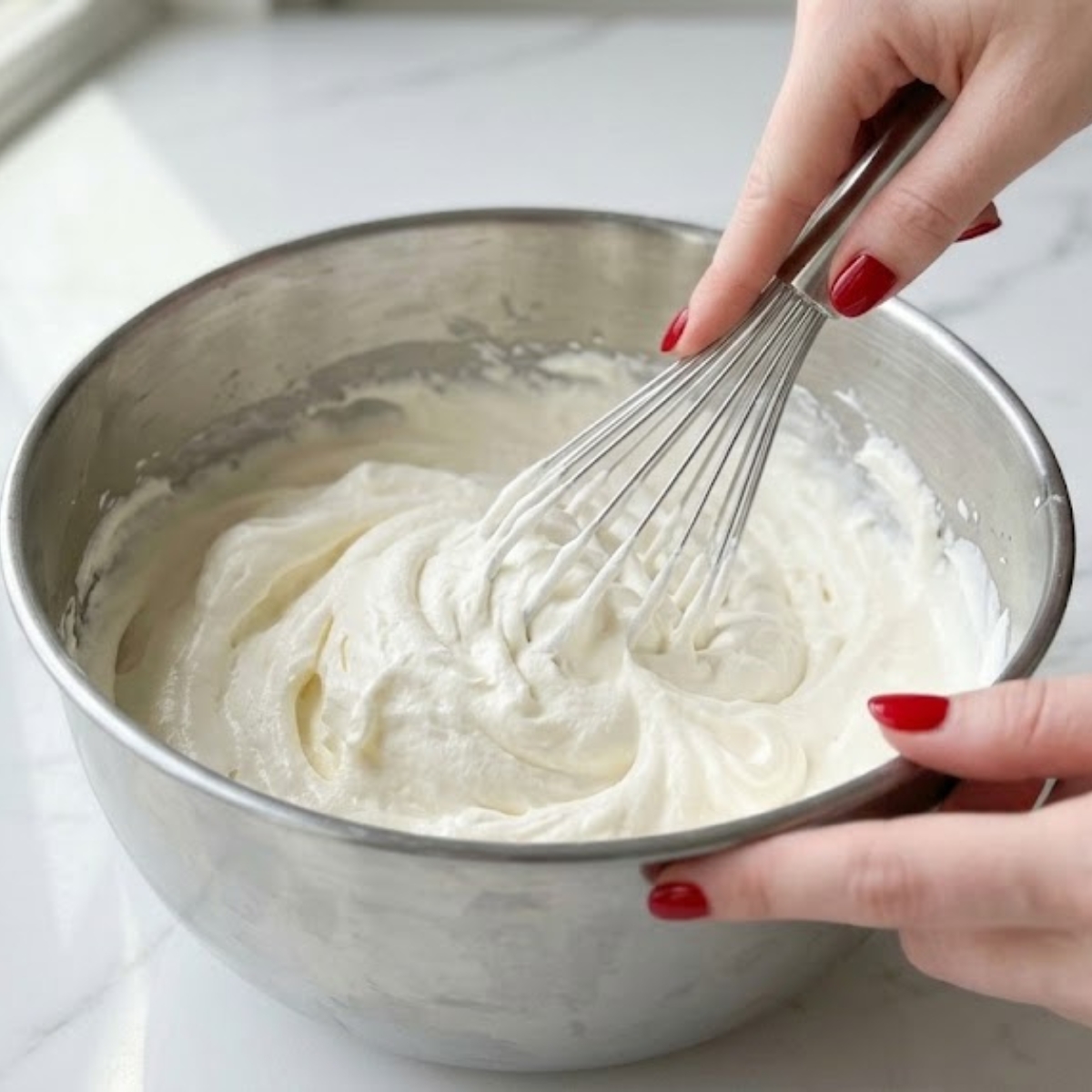Close-up of a young woman's hands with classic red nails using a whisk to fold heavy whipped cream into cream cheese in a bowl, creating a thick, fluffy white cake filling on a white marble kitchen counter in natural daylight.