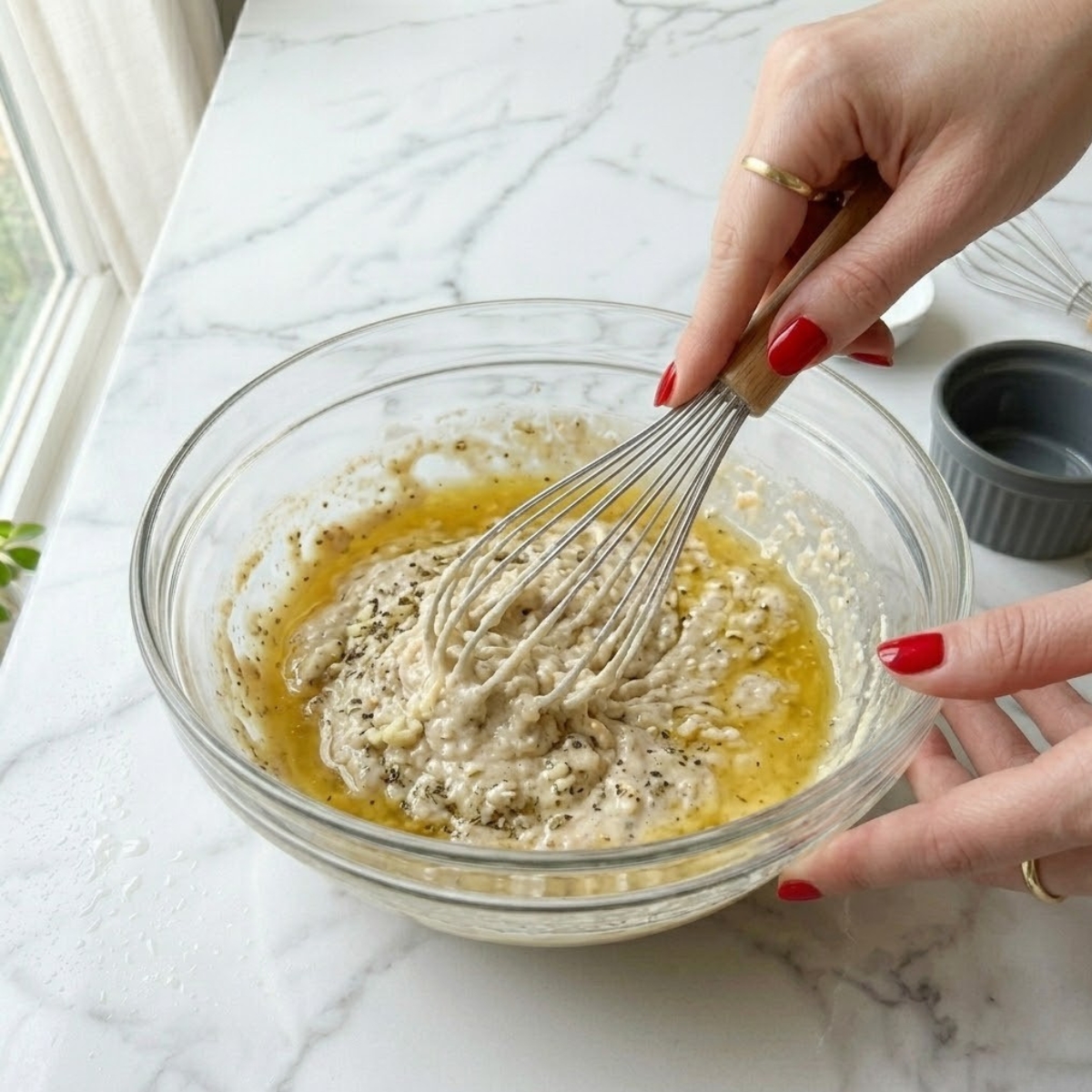 Close-up view f a young woman's hand with classic red nails actively whisking her creamy mayonnaise-based Grinder Pasta Salad dressing f a large bowl on a white marble counter, illustrating Step 2 f the recipe.