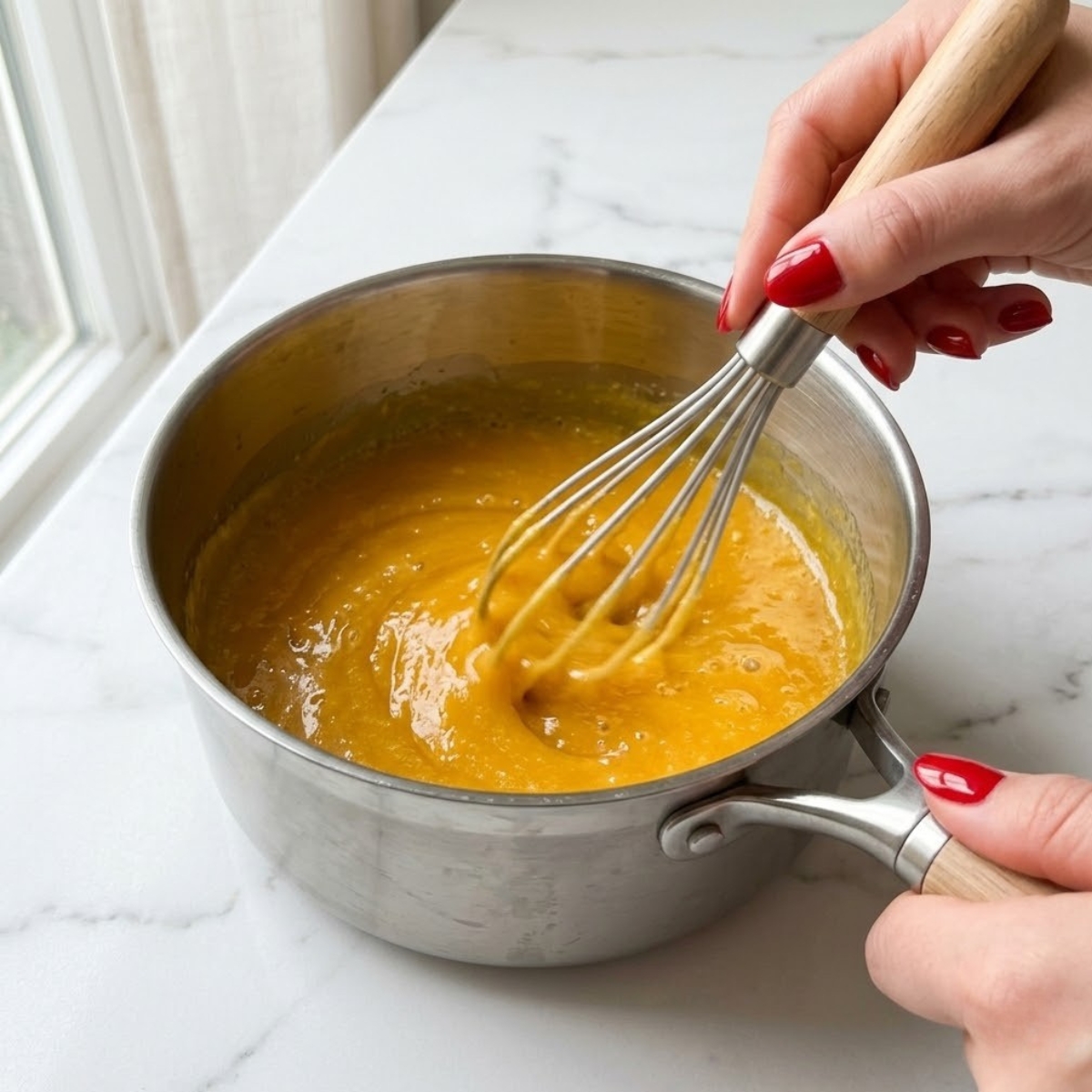 Close-up f a young woman's hand with classic red nails using a silicone whisk to beat mango puree, egg yolks, and sugar mixture until slow thickening f a saucepan f a white marble kitchen counter.