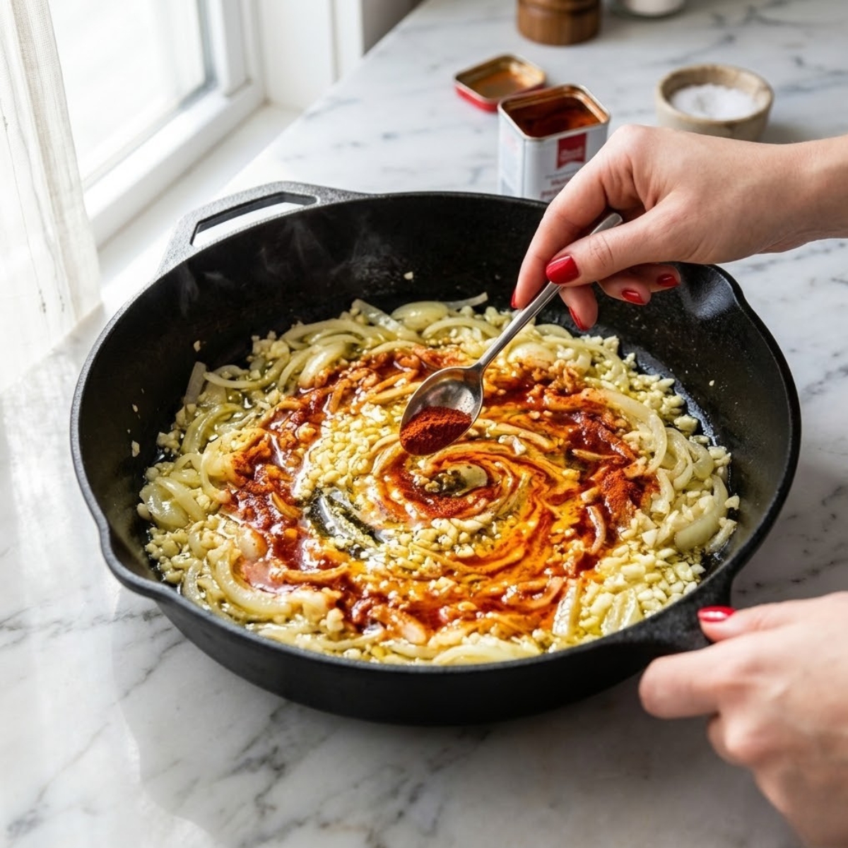 Close-up view f a young woman's hand with classic red nails using a spoon to mix vibrant red sweet Hungarian paprika into sautéed onions and garlic in a skillet f a white marble counter, illustrating Step 1 dyal l- recipe.