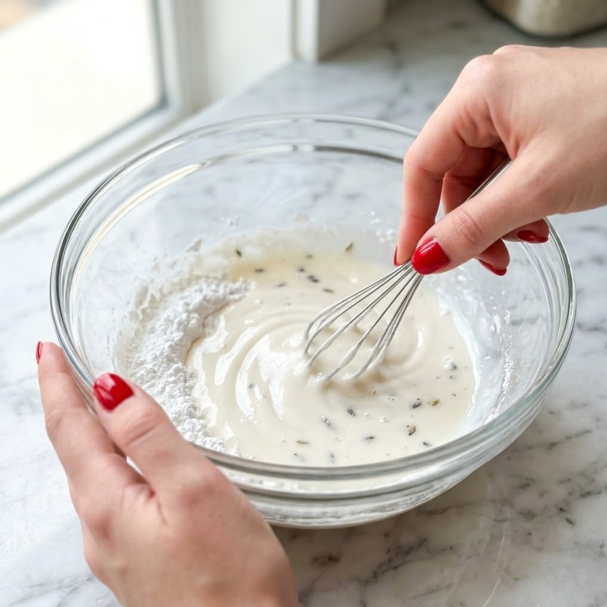 Close-up view of a young woman's hands with classic red nails using a whisk to blend steeped lavender milk into powdered sugar to form a thick glaze inside a mixing bowl on a white marble counter.
