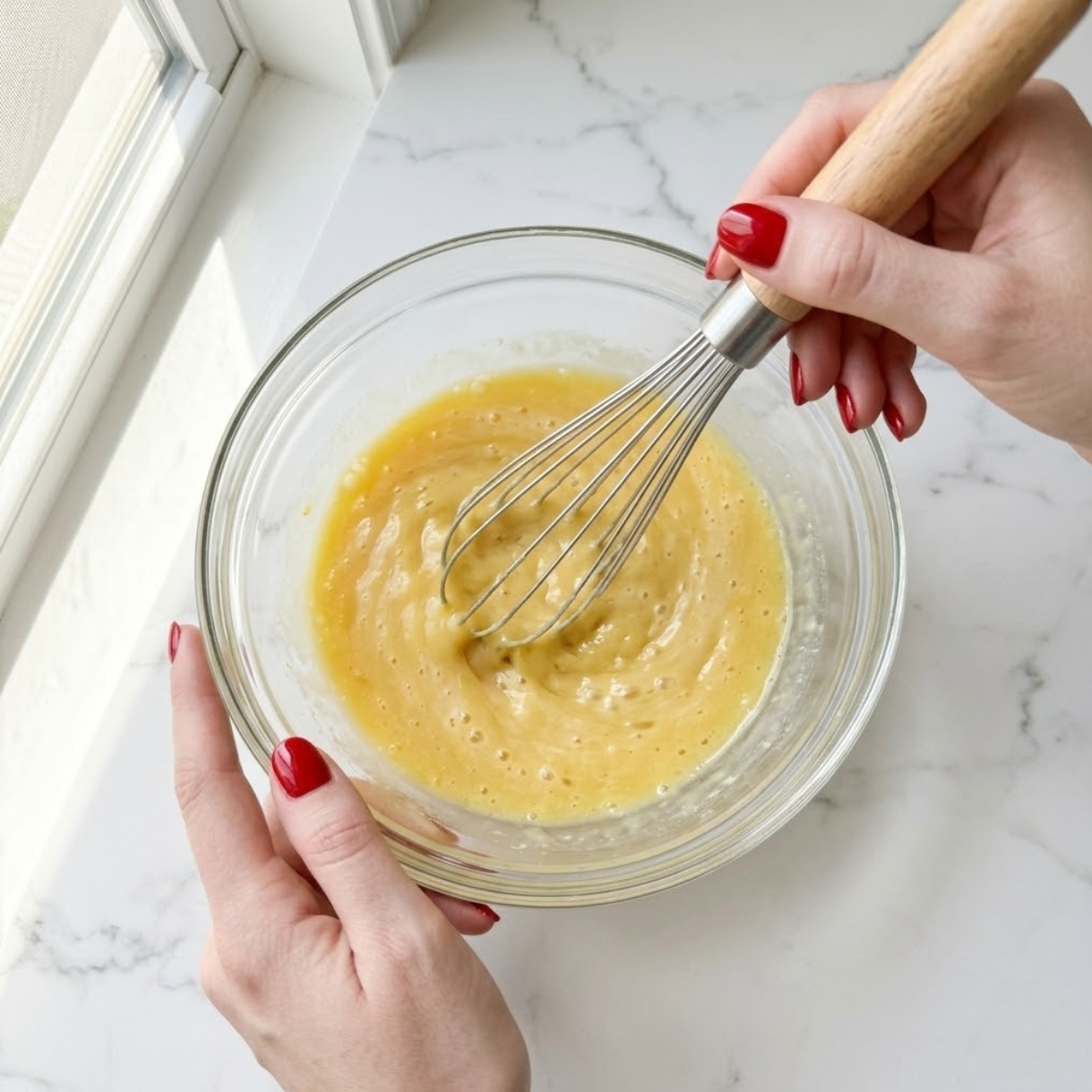 Close-up view of a young woman's hand with classic red nails using a whisk to vigorously blend coconut milk and lemon curd into a smooth, pale golden-yellow liquid inside a mixing bowl on a white marble counter.
