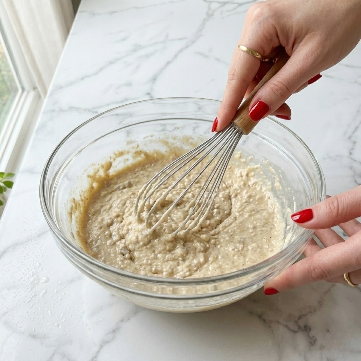 Close-up dyal young woman's hand with red nails using a whisk to fold wet ingredients into dry oat flour to create a protein pancake batter f a bowl on a white marble counter.