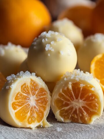 White Chocolate Orange Bliss truffles coated in smooth white chocolate and coarse sugar, sliced open to reveal whole mandarin oranges inside.