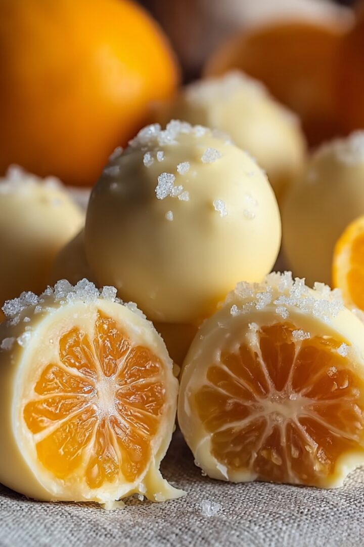 White Chocolate Orange Bliss truffles coated in smooth white chocolate and coarse sugar, sliced open to reveal whole mandarin oranges inside.