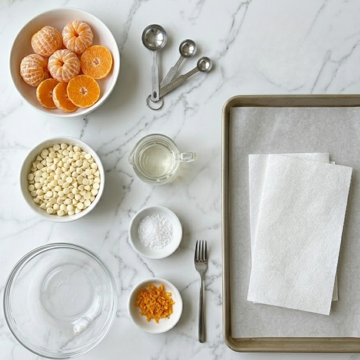 Overhead view f organized raw ingredients for white chocolate orange bliss candies, including mandarin oranges, white chocolate, coconut oil, and coarse sea salt, along with kitchen tools on a white marble counter, with no hands visible.