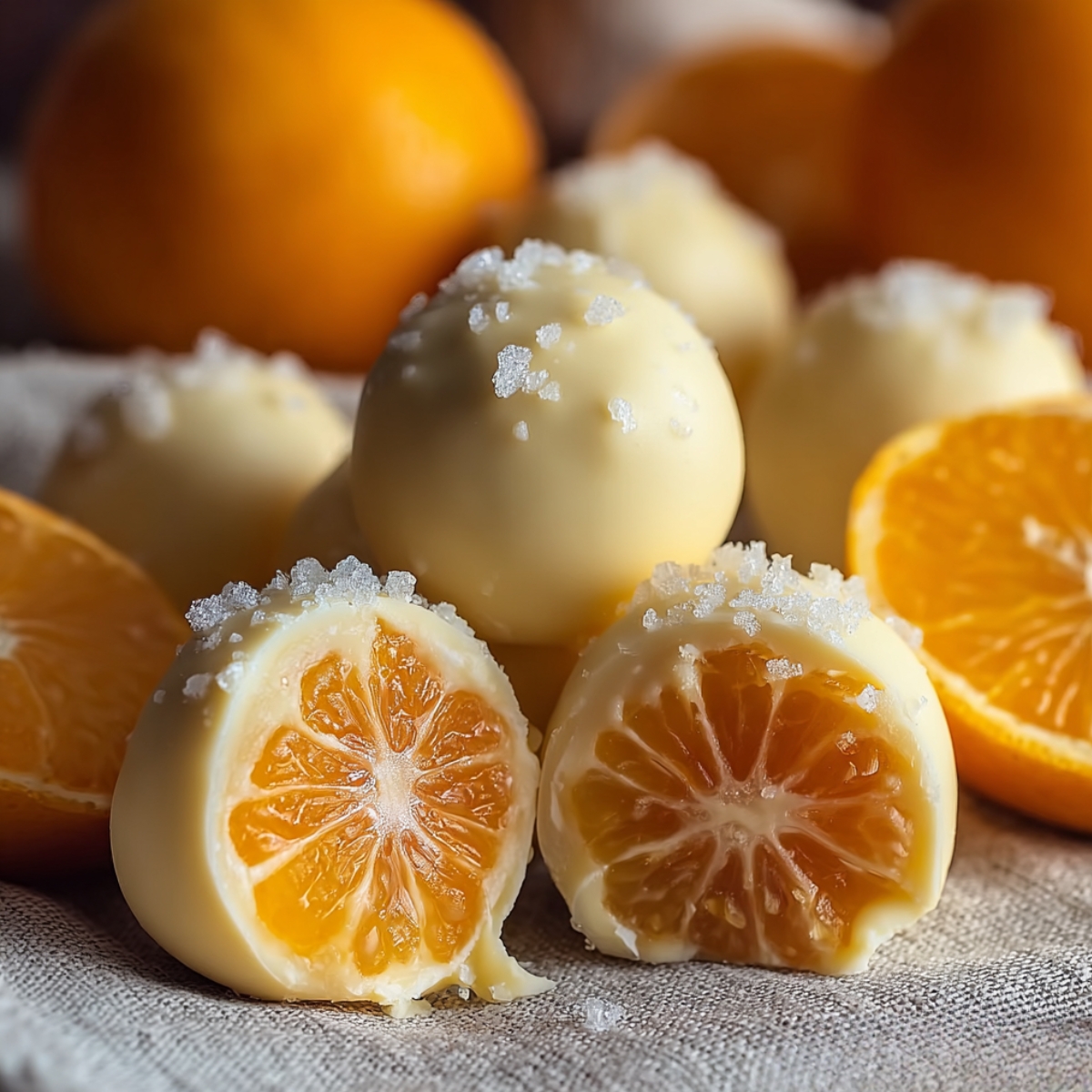 White Chocolate Orange Bliss truffles coated in smooth white chocolate and coarse sugar, sliced open to reveal whole mandarin oranges inside.