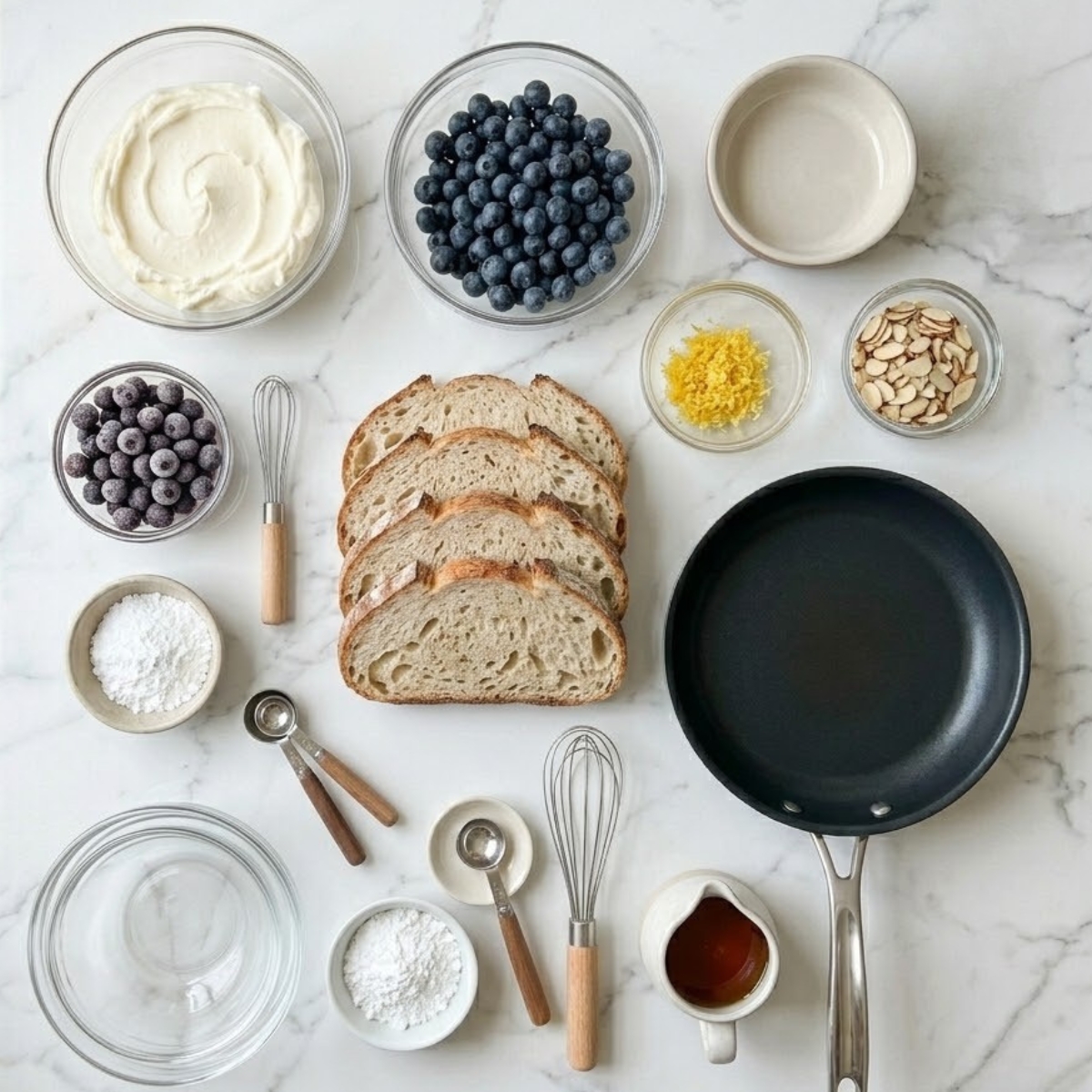 Overhead view f organized ingredients for Blueberry Lemon Sourdough Toast, including sourdough bread, cream cheese, blueberries, lemon zest, almonds, and powdered sugar on a white marble counter.