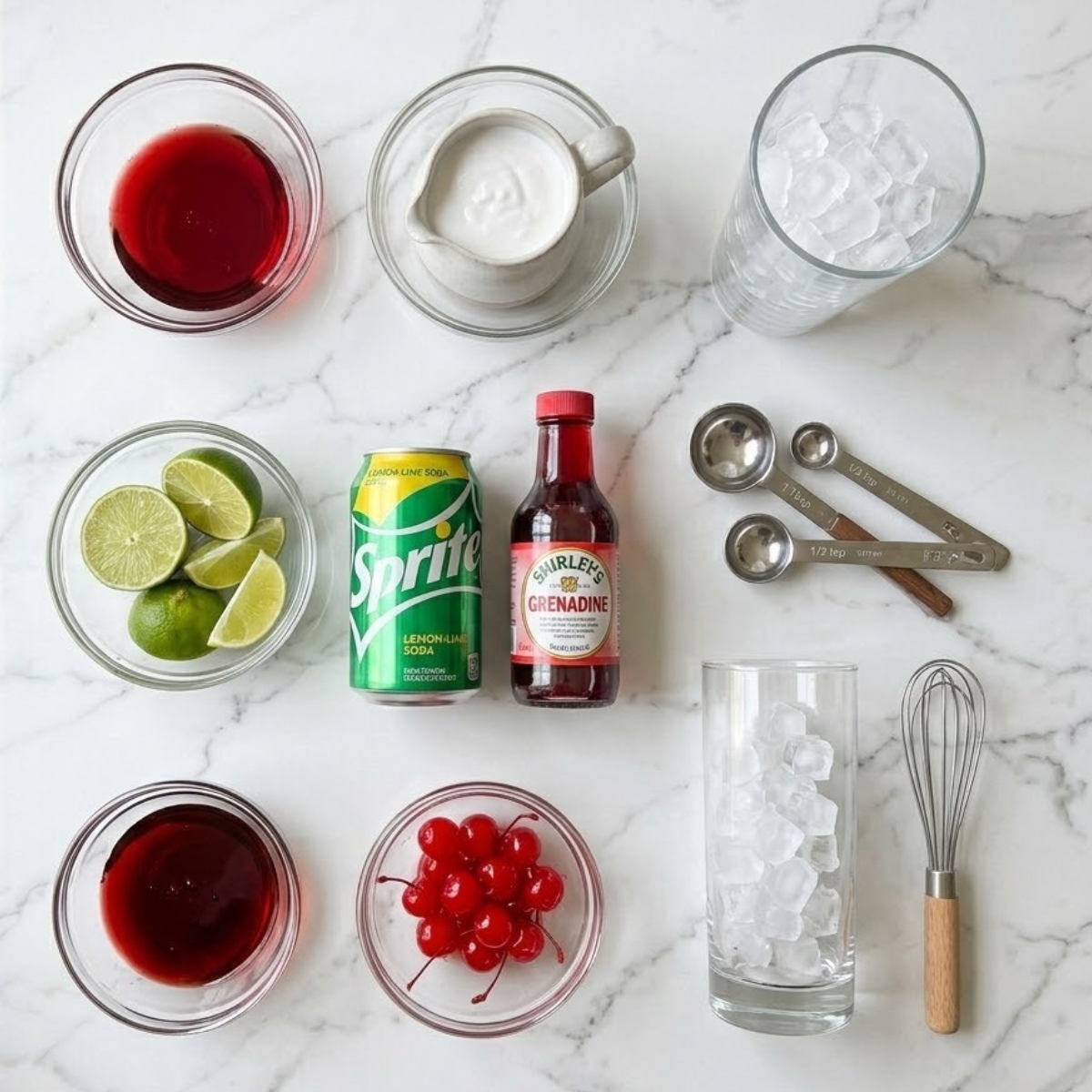Overhead view of organized ingredients for a Shirley Temple Dirty Soda, including grenadine, coconut cream, limes, cherries, soda, and a glass of ice on a white marble kitchen counter, without any hands visible.