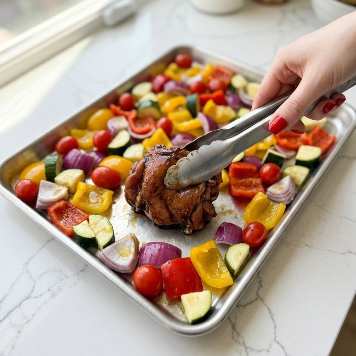Close-up view of a young woman's hand with classic red nails using tongs to carefully arrange a dark balsamic-marinated chicken thigh onto a sheet pan filled with colorful chopped bell peppers, zucchini, onions, and cherry tomatoes.