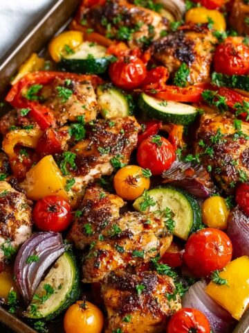 A sheet pan of balsamic glazed chicken thighs roasted with colorful vegetables including cherry tomatoes, zucchini, yellow and red bell peppers, and red onion, garnished with fresh chopped parsley.