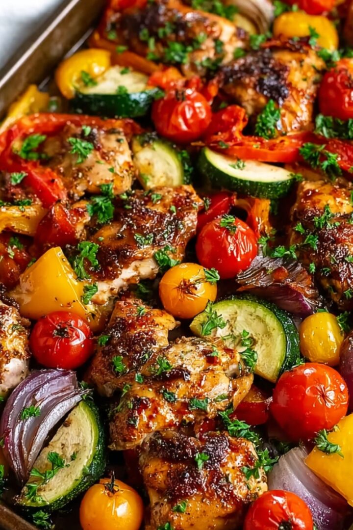 A sheet pan of balsamic glazed chicken thighs roasted with colorful vegetables including cherry tomatoes, zucchini, yellow and red bell peppers, and red onion, garnished with fresh chopped parsley.