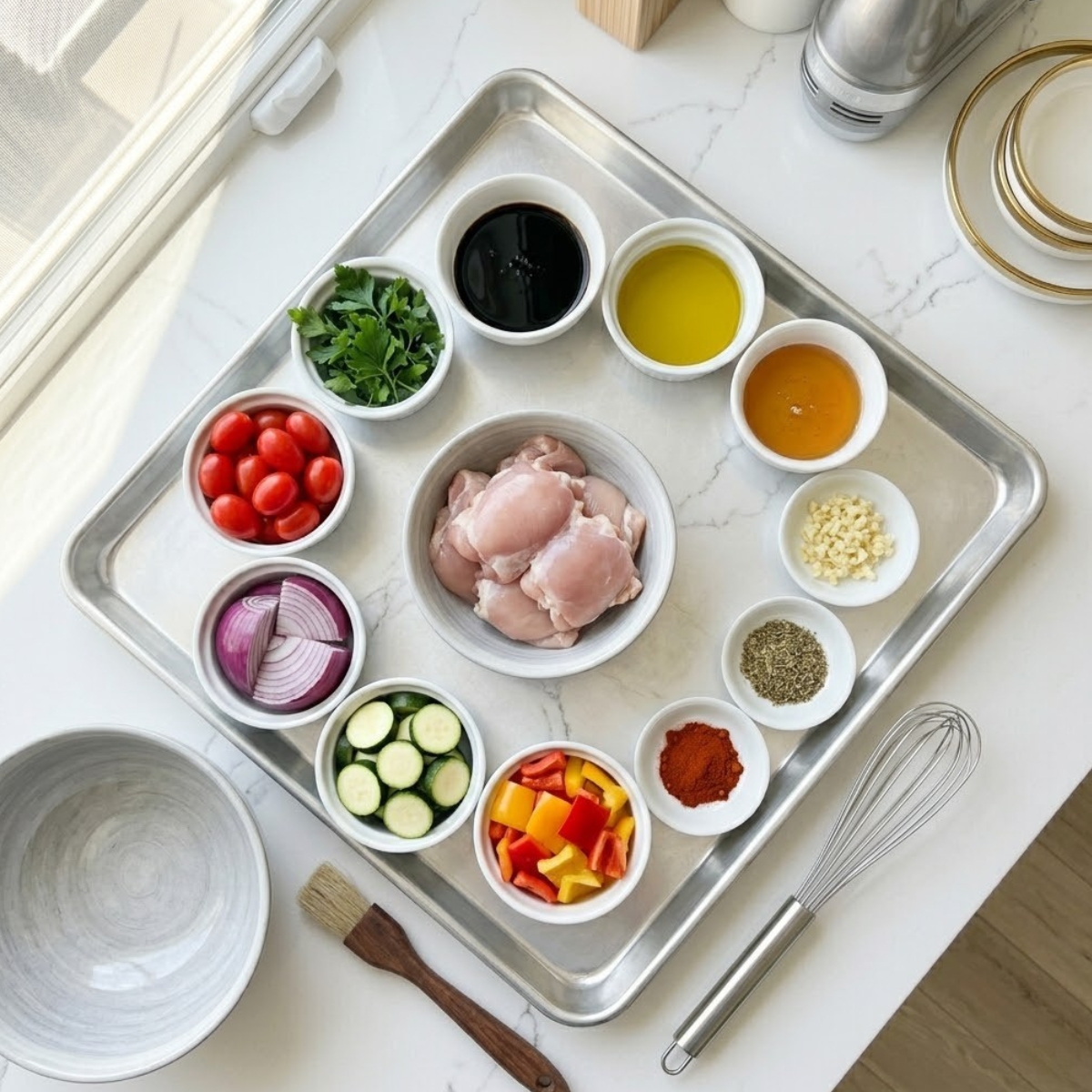 Organized overhead flat lay of raw ingredients for Balsamic Glazed Chicken and Veggies, including raw chicken thighs, balsamic vinegar, bell peppers, zucchini, red onion, and cherry tomatoes, arranged on a white marble counter in natural light. No hands are visible.