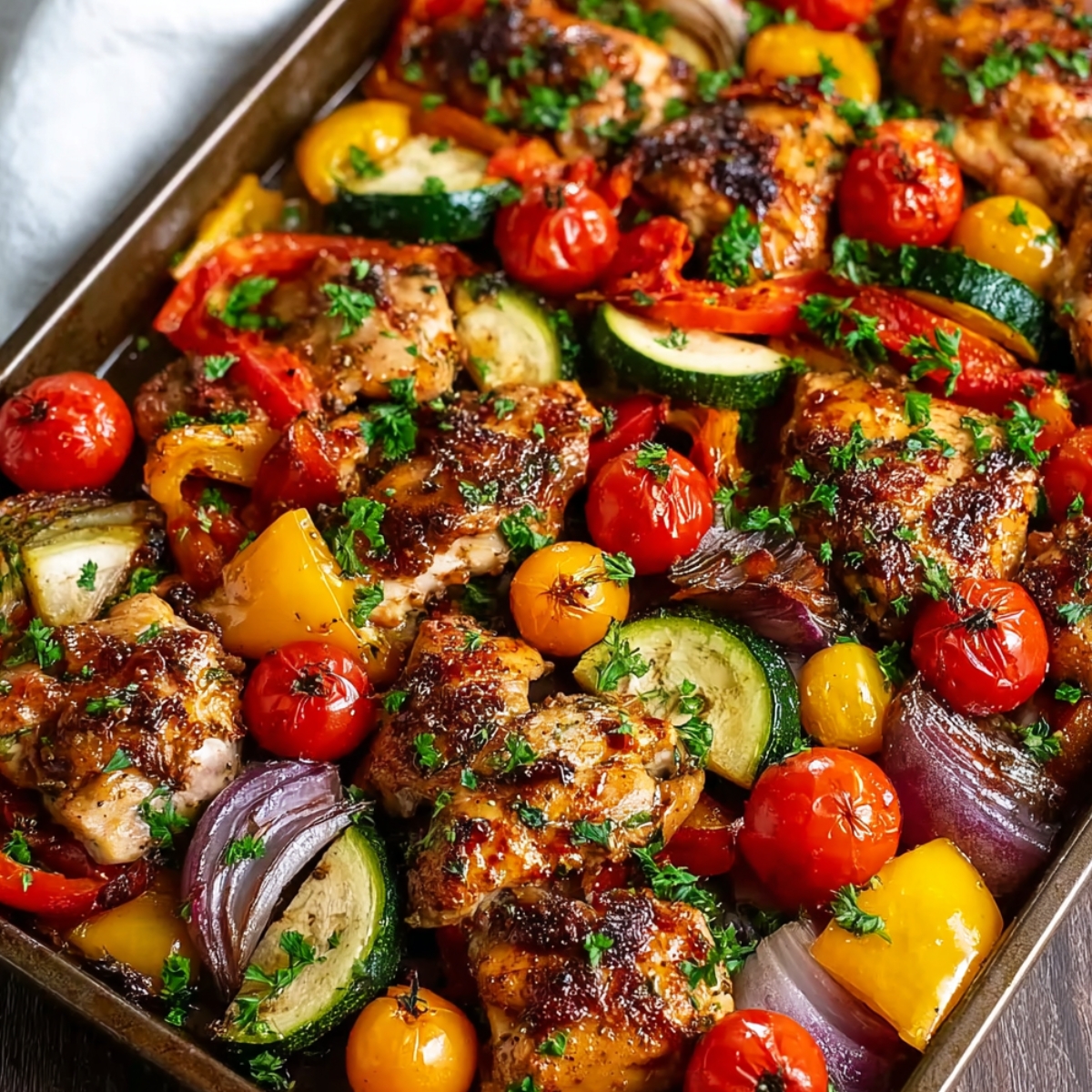 A sheet pan of balsamic glazed chicken thighs roasted with colorful vegetables including cherry tomatoes, zucchini, yellow and red bell peppers, and red onion, garnished with fresh chopped parsley.