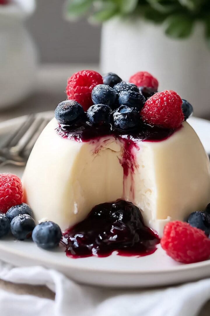 A domed Bavarian cream unmolded on a white plate, topped with dark berry compote and fresh blueberries and raspberries, with a spoonful taken out revealing the silky cream interior, surrounded by scattered fresh berries and a fork on the side.