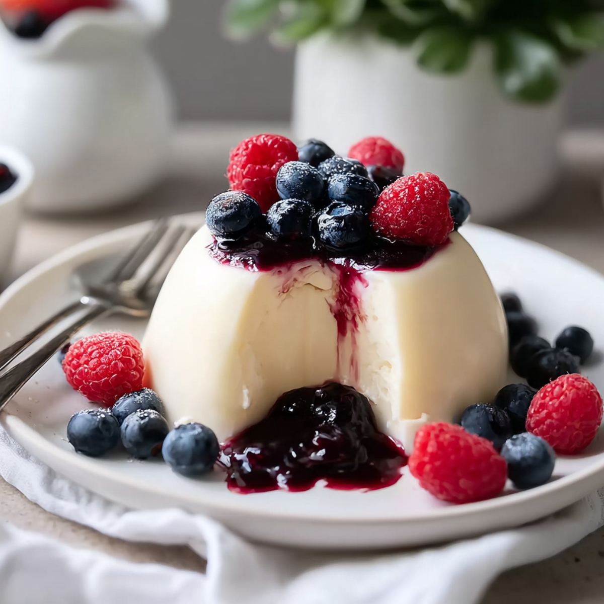 A domed Bavarian cream unmolded on a white plate, topped with dark berry compote and fresh blueberries and raspberries, with a spoonful taken out revealing the silky cream interior, surrounded by scattered fresh berries and a fork on the side.