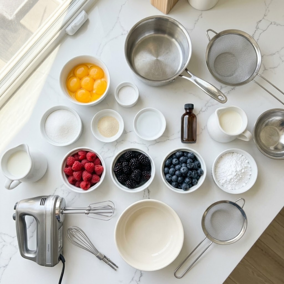Organized overhead flat lay of raw ingredients for Bavarian Cream with Berries, including egg yolks, milk, heavy cream, gelatin, and fresh mixed berries, arranged on a white marble counter in natural light. No hands are visible.