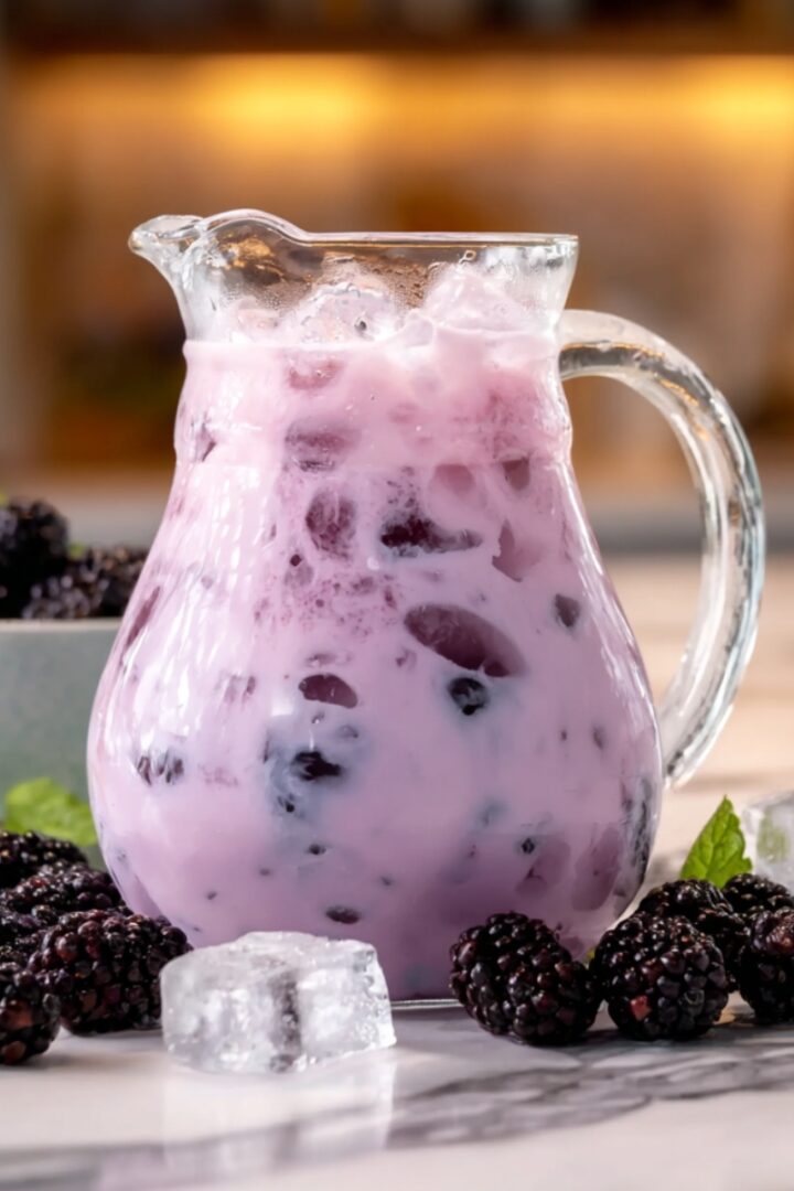 A glass pitcher of blackberry coconut pink drink with a soft purple hue and whole blackberries floating throughout, served over ice, surrounded by fresh blackberries, ice cubes, and mint sprigs on a marble surface with a warm kitchen background.