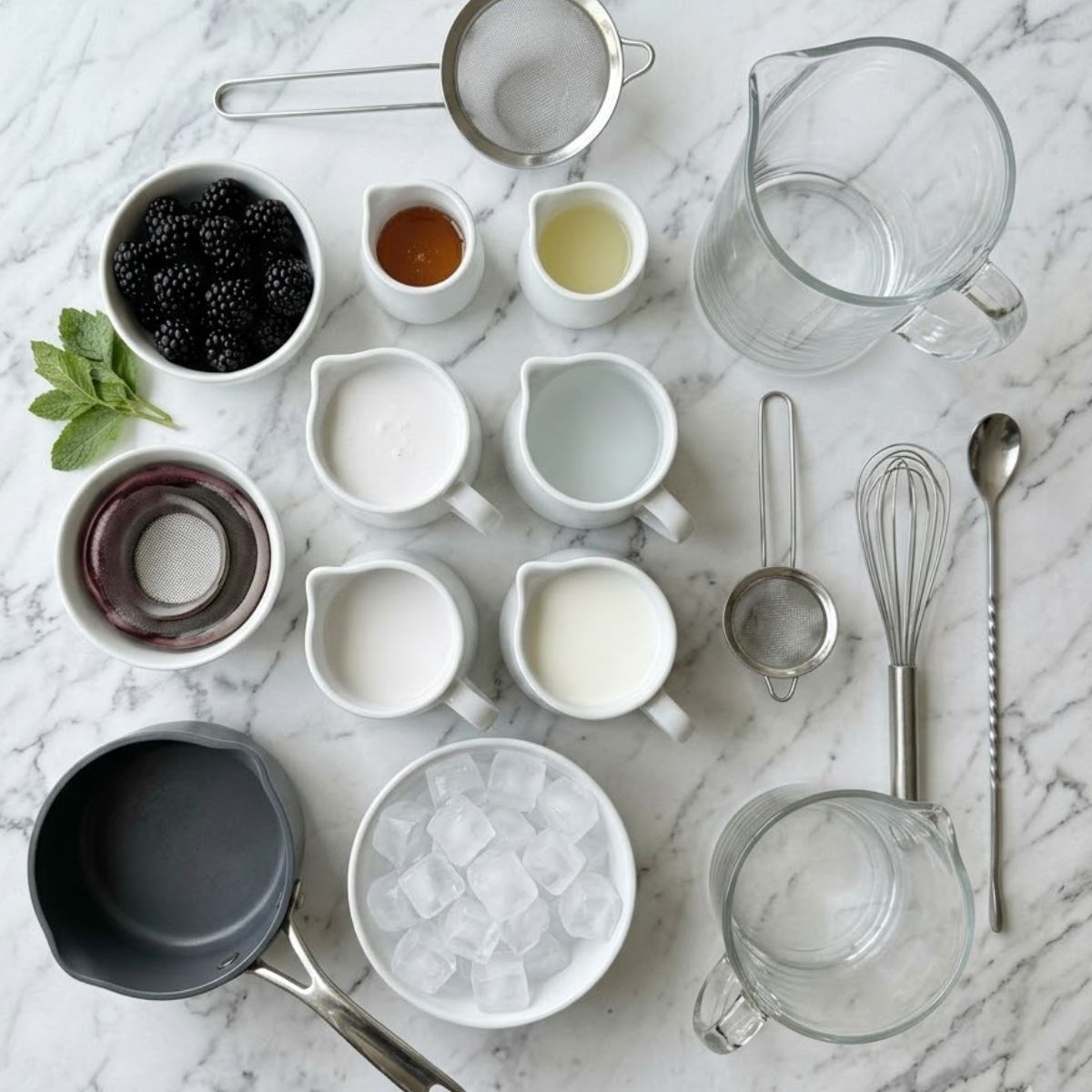 Organized overhead flat lay of raw ingredients for a Blackberry Coconut Pink Drink, including fresh blackberries, honey, coconut milk, milk, and ice, arranged on a white marble counter in natural light. No hands are visible.