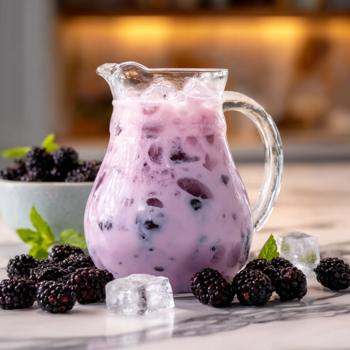A glass pitcher of blackberry coconut pink drink with a soft purple hue and whole blackberries floating throughout, served over ice, surrounded by fresh blackberries, ice cubes, and mint sprigs on a marble surface with a warm kitchen background.