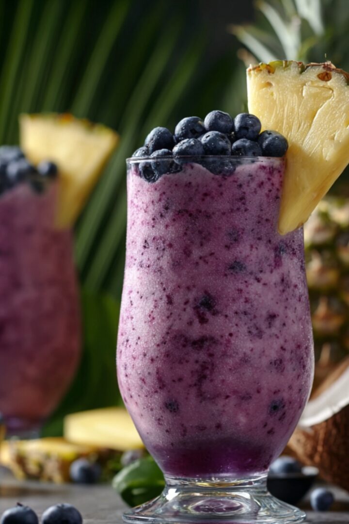 Two hurricane glasses of frozen blueberry colada with a vibrant purple blended base, topped with fresh blueberries and a pineapple wedge, surrounded by scattered blueberries, pineapple chunks, a coconut half, and tropical palm leaves in the background.