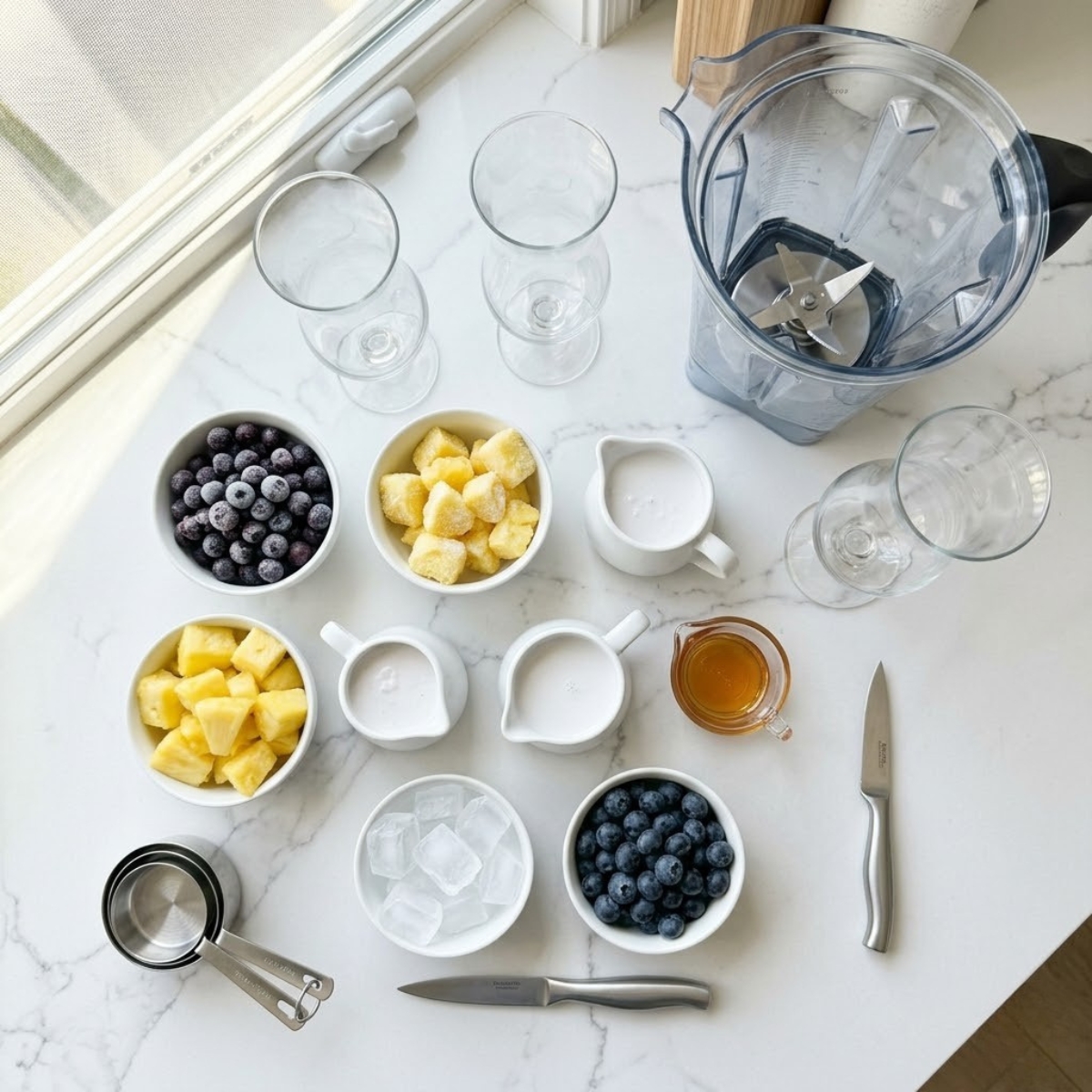 Organized overhead flat lay of raw ingredients for a Blueberry Colada, including frozen blueberries, pineapple chunks, coconut cream, honey, and ice, arranged on a white marble counter in natural light. No hands are visible.