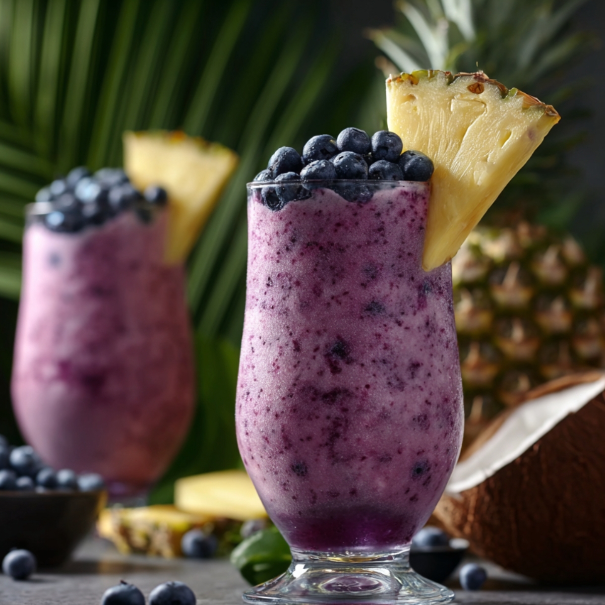 Two hurricane glasses of frozen blueberry colada with a vibrant purple blended base, topped with fresh blueberries and a pineapple wedge, surrounded by scattered blueberries, pineapple chunks, a coconut half, and tropical palm leaves in the background.