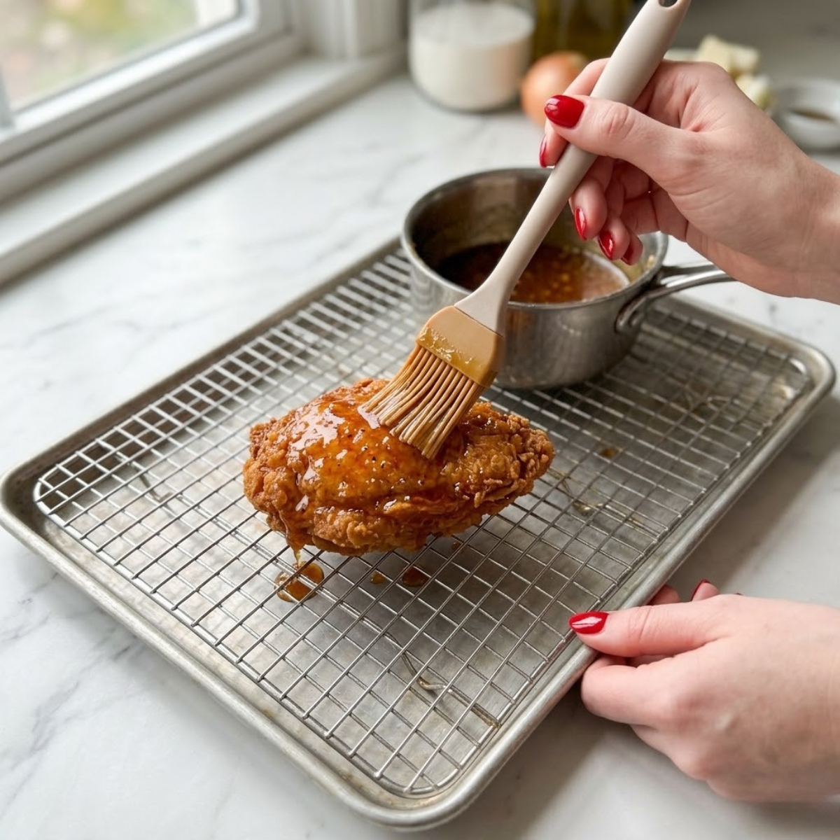 Close-up view of a young woman's hands with classic red nails using metal tongs to carefully flip a piece of breaded chicken frying in hot, bubbling oil inside a black cast-iron skillet.