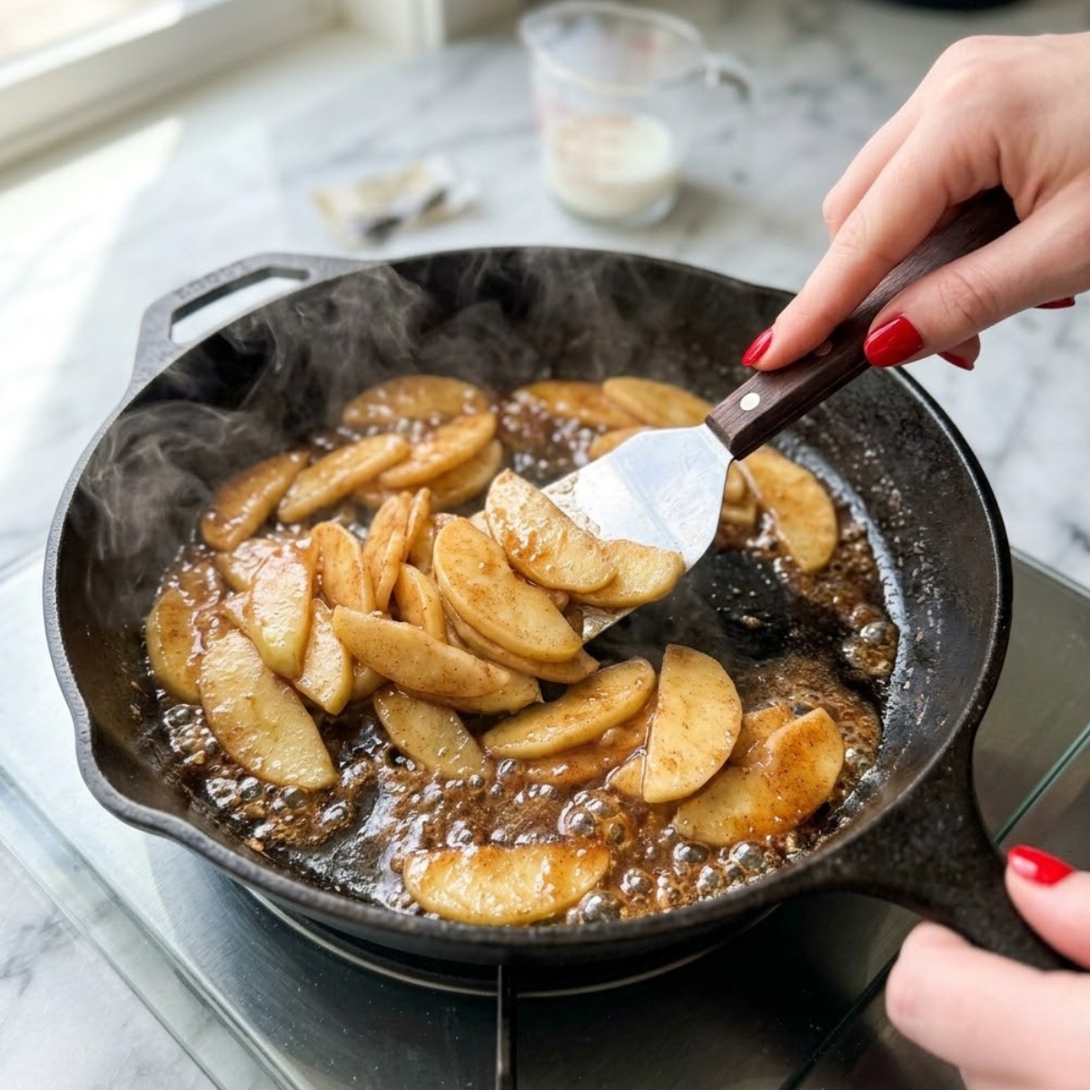 Close-up view of a young woman's hand with classic red nails using a spatula to stir thinly sliced apples cooking in bubbling butter, brown sugar, and cinnamon inside a hot cast iron skillet.