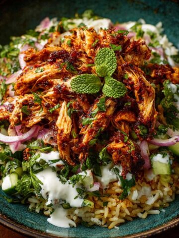 A teal bowl of chicken shawarma crispy rice salad layered with seasoned rice, cucumber, red onion, fresh herbs, and yogurt sauce, topped with a generous mound of spiced shredded chicken shawarma and fresh mint leaves.
