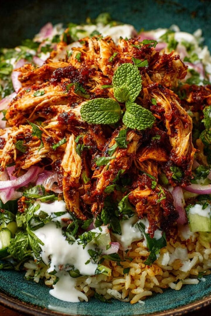 A teal bowl of chicken shawarma crispy rice salad layered with seasoned rice, cucumber, red onion, fresh herbs, and yogurt sauce, topped with a generous mound of spiced shredded chicken shawarma and fresh mint leaves.