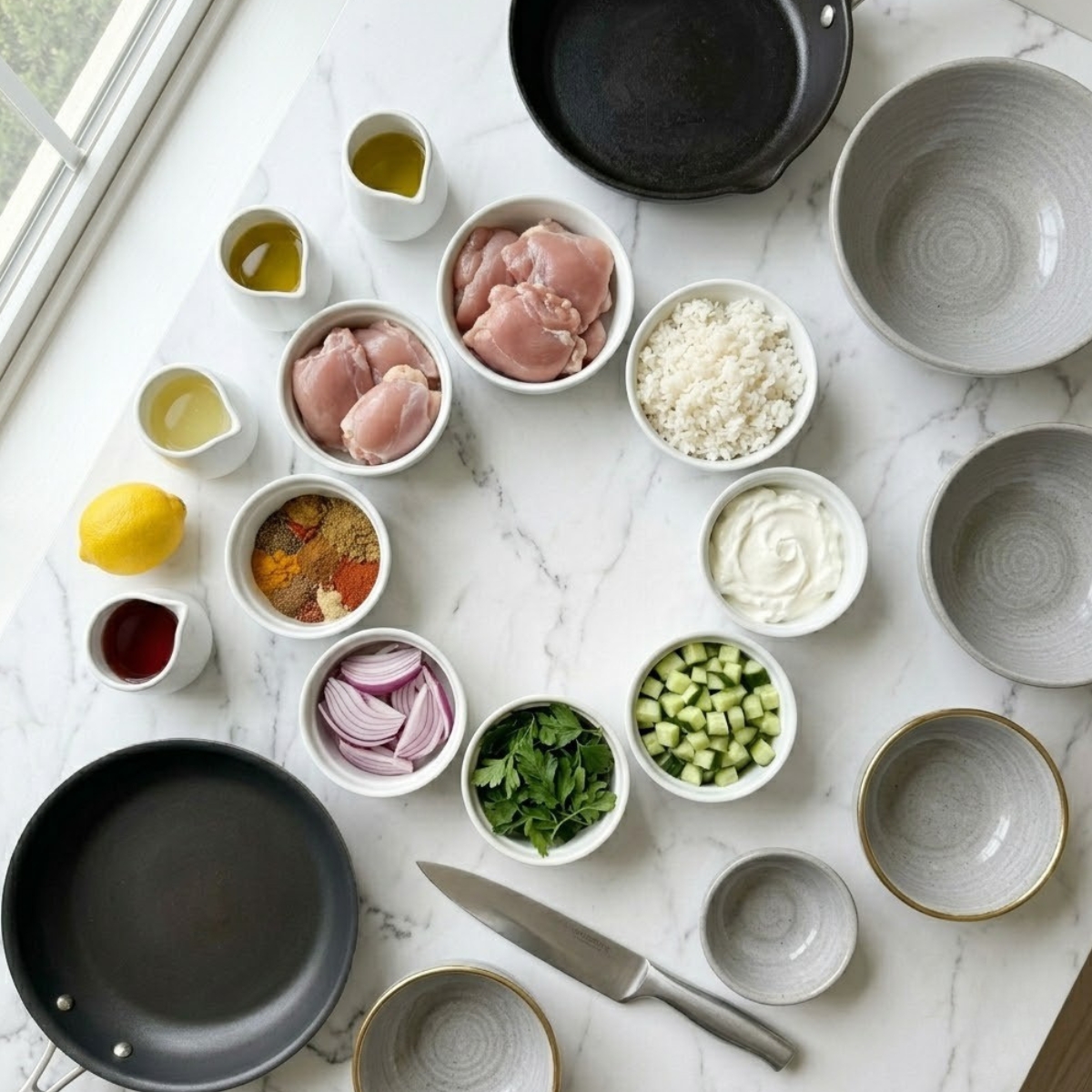 Organized overhead flat lay of raw ingredients for a Chicken Shawarma Crispy Rice Salad, including raw chicken thighs, cold cooked rice, yogurt, cucumber, red onion, fresh parsley, and a vibrant spice blend, arranged on a white marble counter in natural light. No hands are visible.