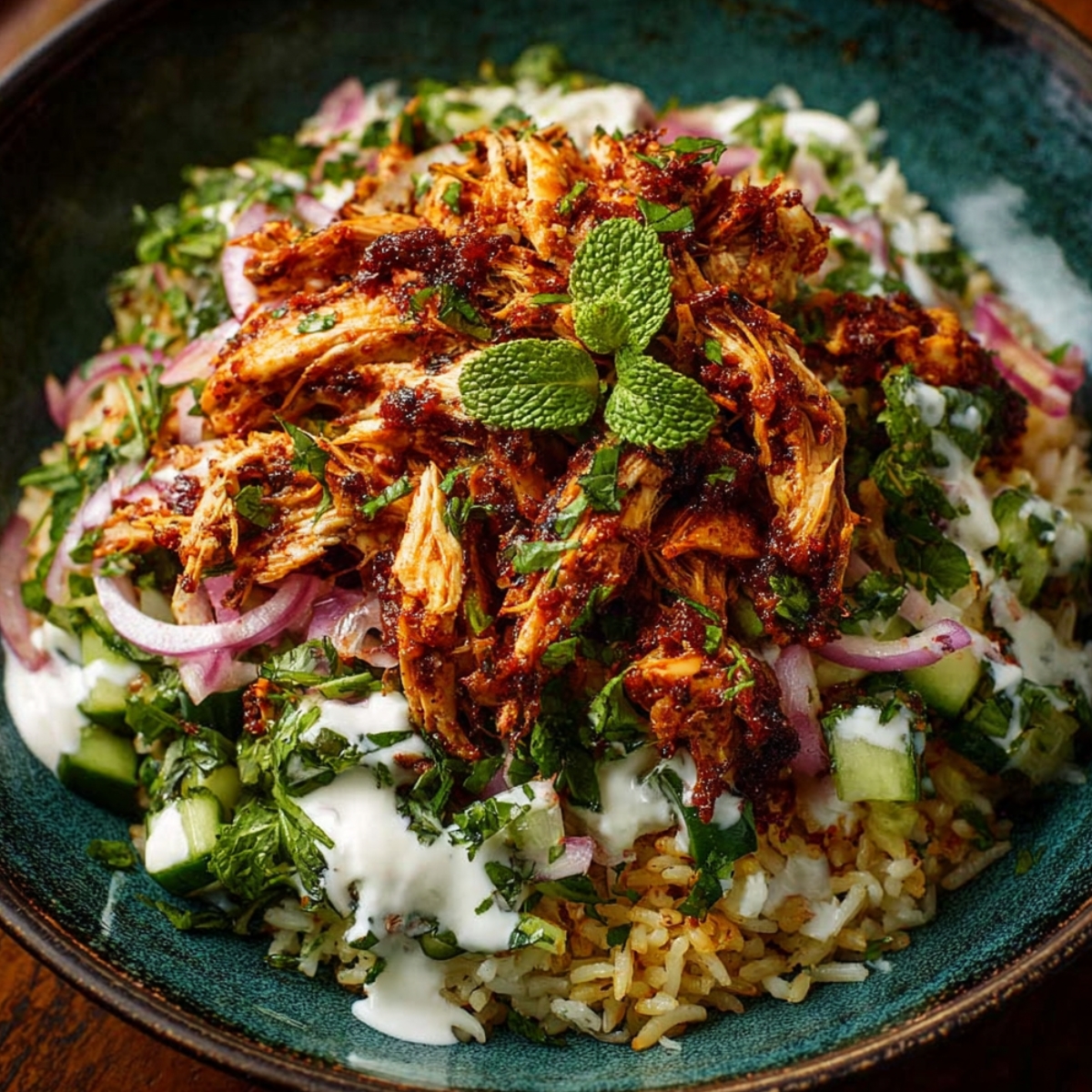 A teal bowl of chicken shawarma crispy rice salad layered with seasoned rice, cucumber, red onion, fresh herbs, and yogurt sauce, topped with a generous mound of spiced shredded chicken shawarma and fresh mint leaves.