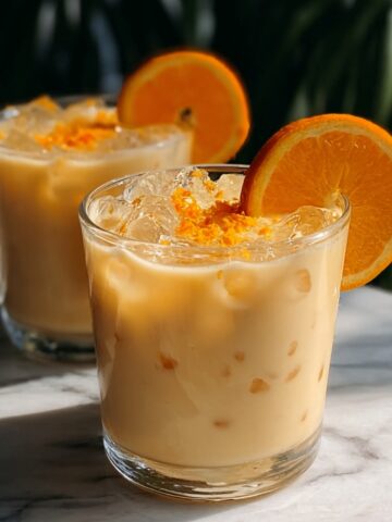 Two rocks glasses of creamy coconut orange bliss over ice, topped with orange zest and garnished with an orange slice on the rim, on a marble surface with tropical palm leaves in the background.