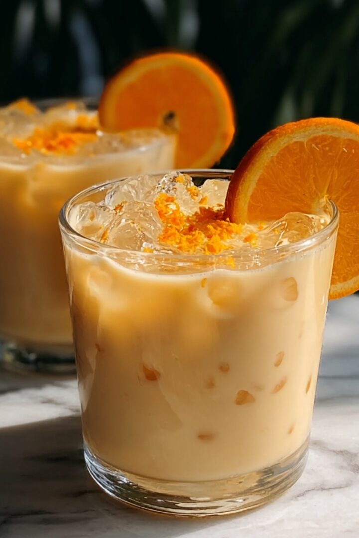 Two rocks glasses of creamy coconut orange bliss over ice, topped with orange zest and garnished with an orange slice on the rim, on a marble surface with tropical palm leaves in the background.