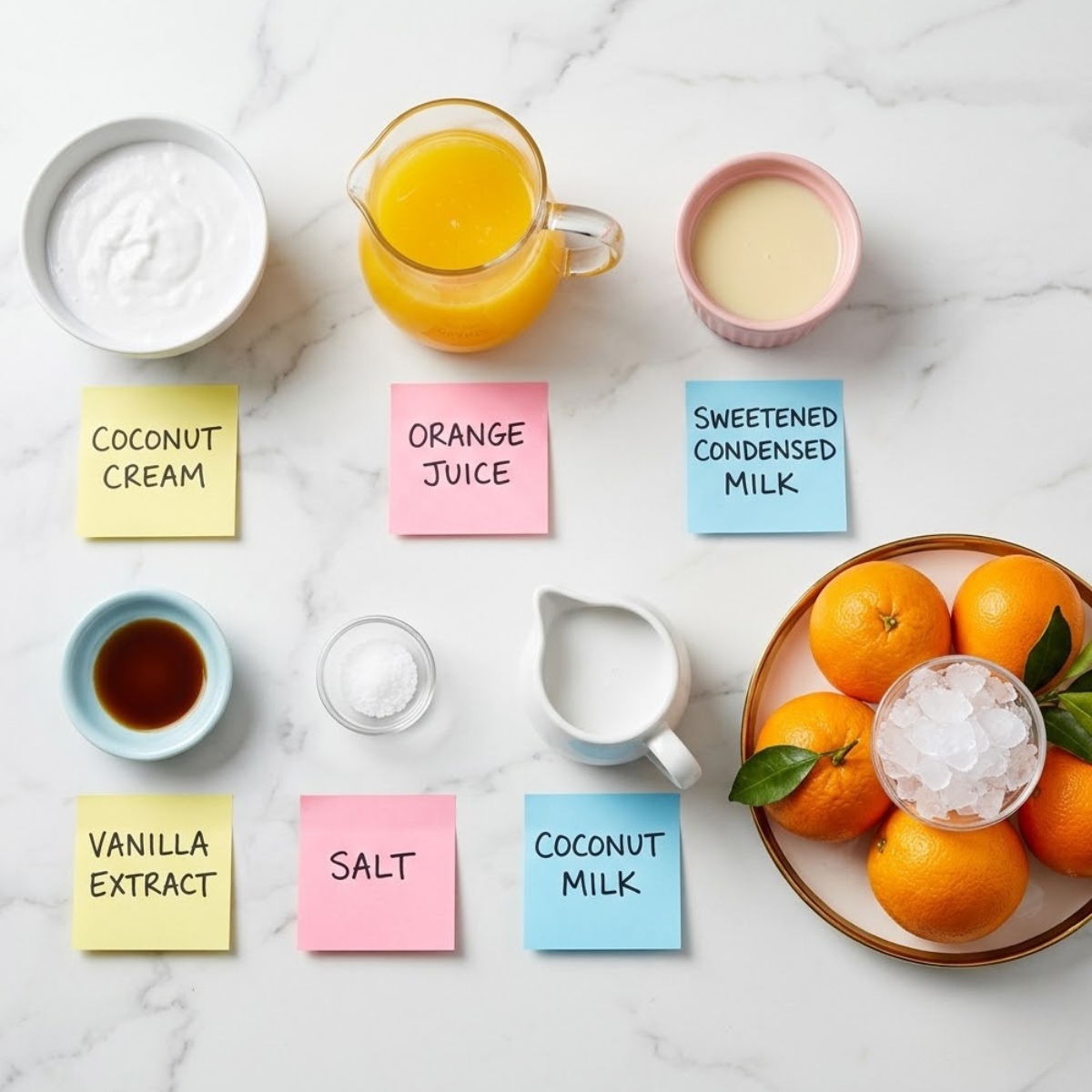 Overhead flat lay view of creamy coconut orange bliss ingredients organized in colorful bowls with handwritten sticky notes on a marble kitchen counter.