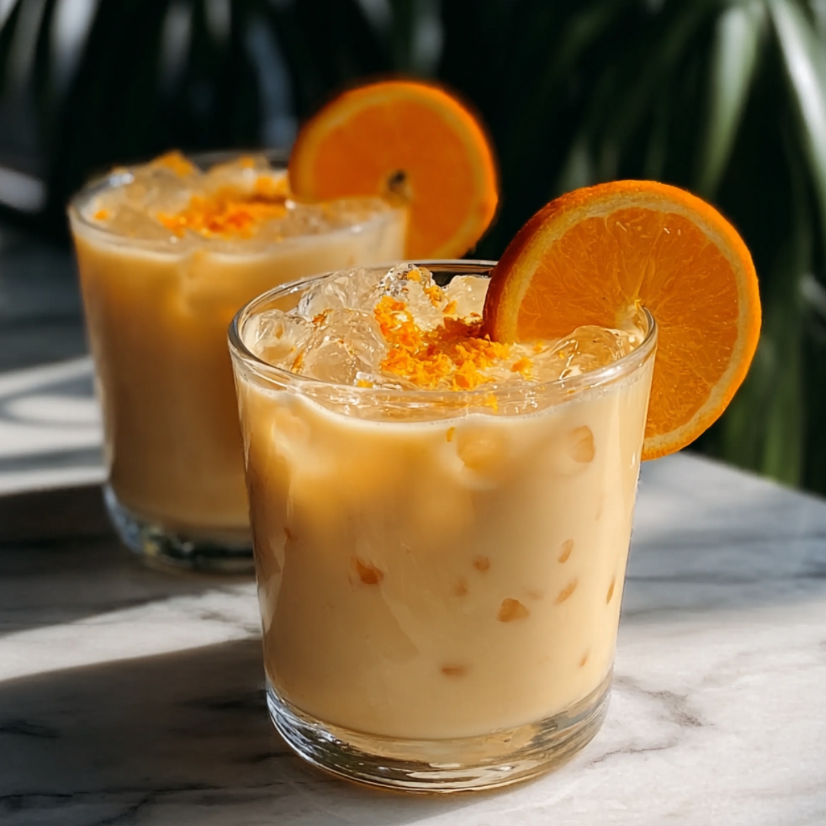 Two rocks glasses of creamy coconut orange bliss over ice, topped with orange zest and garnished with an orange slice on the rim, on a marble surface with tropical palm leaves in the background.