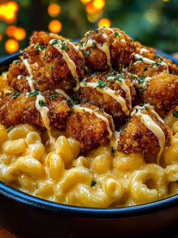 A dark bowl of creamy mac and cheese topped with crispy breaded honey pepper chicken pieces, drizzled with a creamy white sauce and garnished with fresh chopped parsley, with warm bokeh lights in the background.