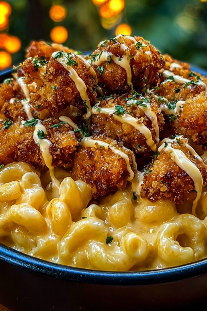 A dark bowl of creamy mac and cheese topped with crispy breaded honey pepper chicken pieces, drizzled with a creamy white sauce and garnished with fresh chopped parsley, with warm bokeh lights in the background.