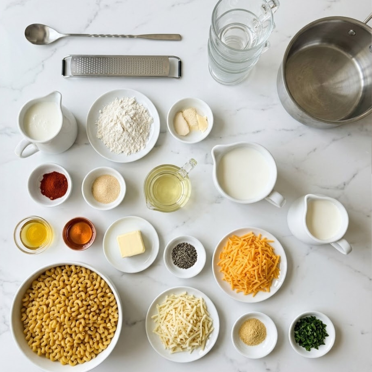 Organized overhead flat lay of raw ingredients of honey pepper chicken mac and cheese, including buttermilk, flour, spices, honey, butter, milk, shredded cheeses, and parsley, arranged in bowls in a white marble counter in natural left light. No hands are visible.