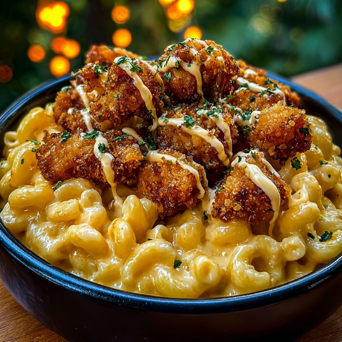 A dark bowl of creamy mac and cheese topped with crispy breaded honey pepper chicken pieces, drizzled with a creamy white sauce and garnished with fresh chopped parsley, with warm bokeh lights in the background.