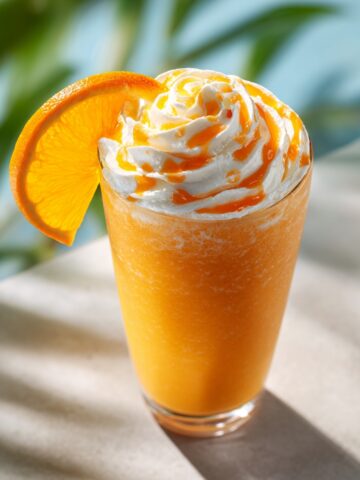 A tall glass of vibrant orange dirty creamsicle float topped with swirled whipped cream drizzled with orange sauce, garnished with an orange slice on the rim, with tropical palm leaves and a light blue background.