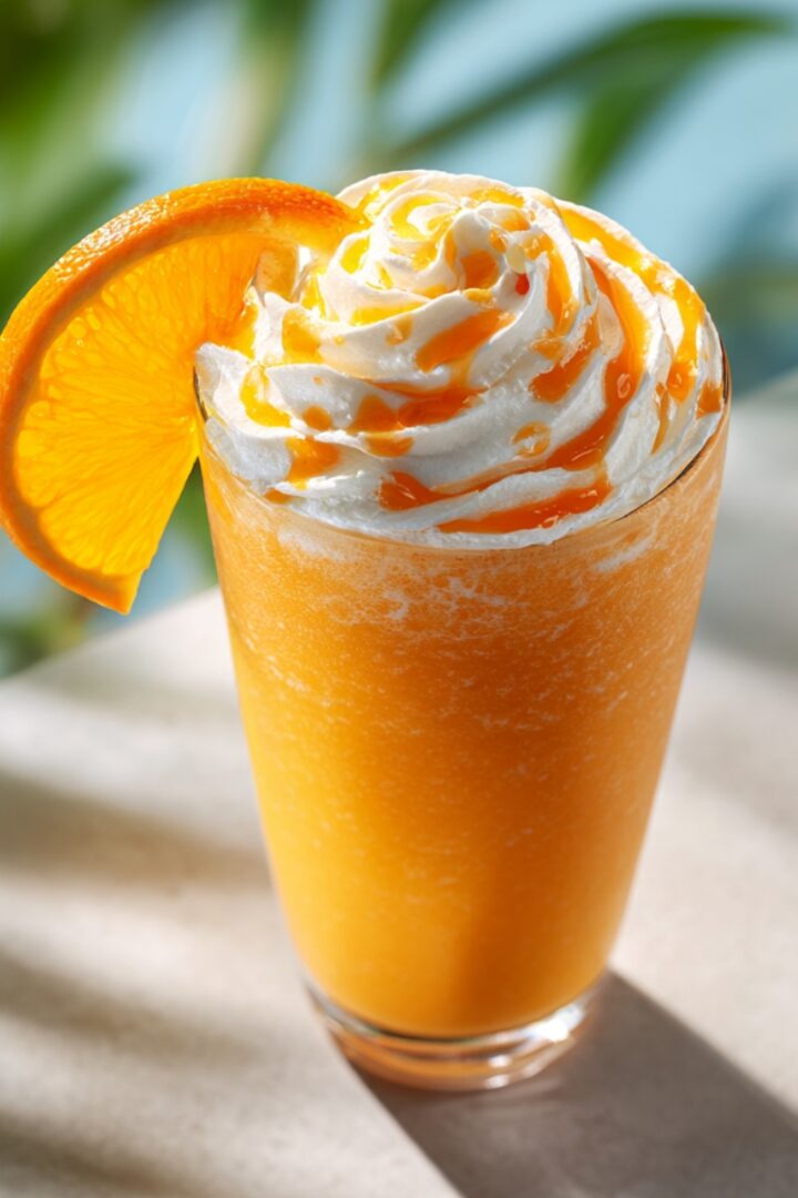 A tall glass of vibrant orange dirty creamsicle float topped with swirled whipped cream drizzled with orange sauce, garnished with an orange slice on the rim, with tropical palm leaves and a light blue background.