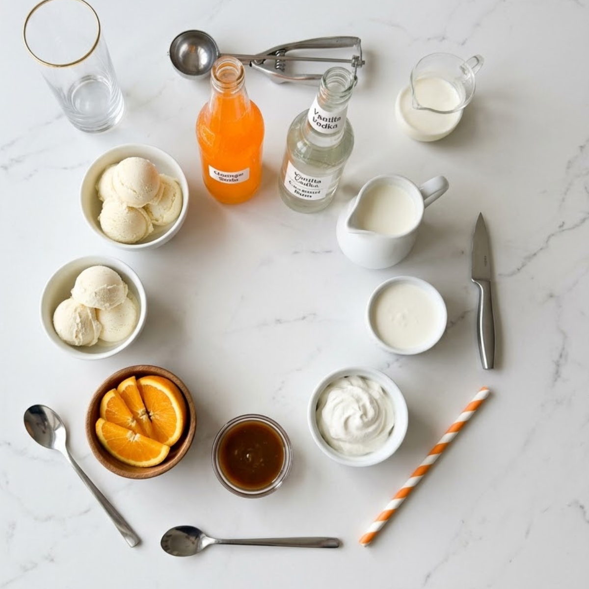 Organized overhead flat lay of raw ingredients for a Dirty Creamsicle Float, including vanilla ice cream, orange soda, heavy cream, caramel sauce, and an orange slice, arranged on a white marble counter in natural light. No hands are visible.