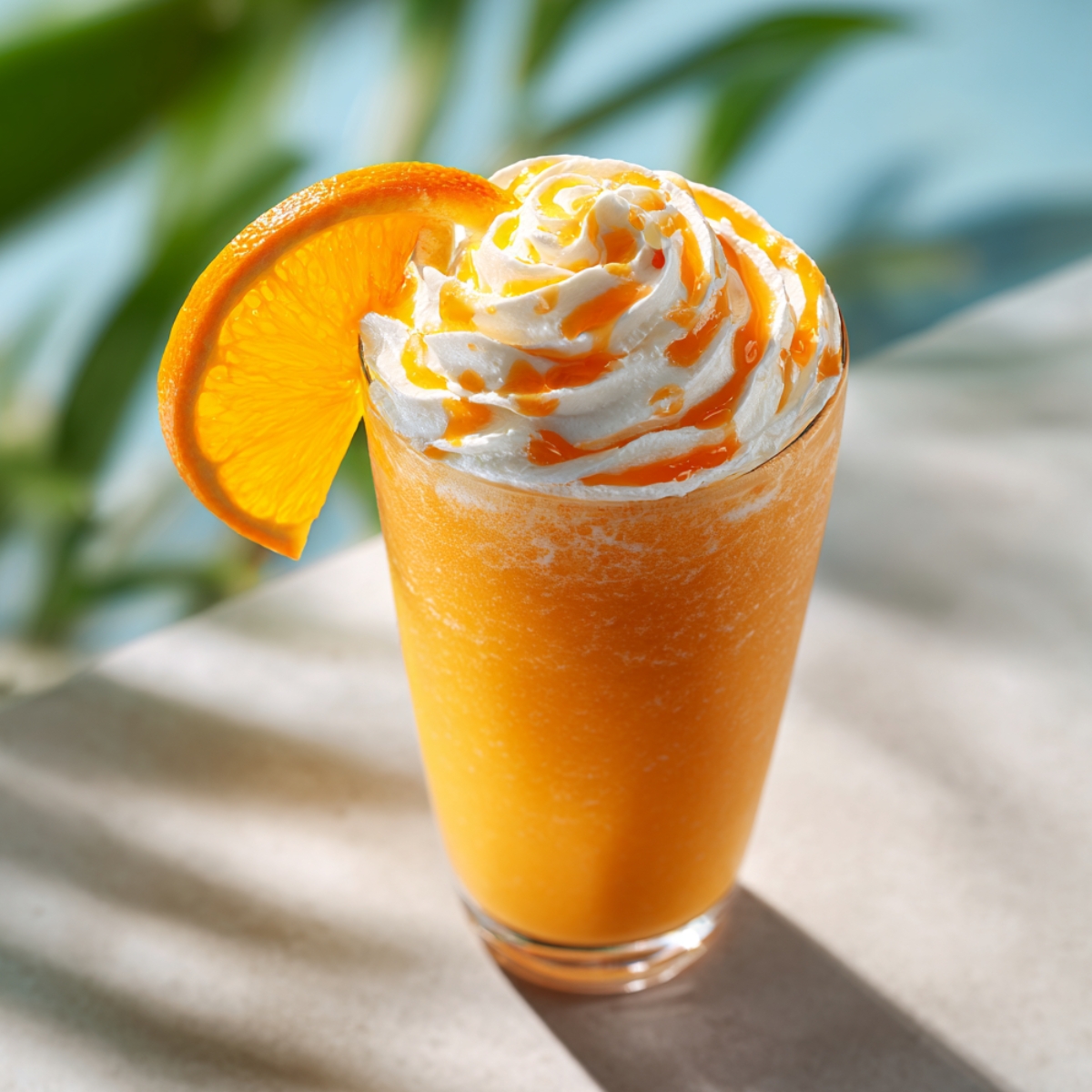 A tall glass of vibrant orange dirty creamsicle float topped with swirled whipped cream drizzled with orange sauce, garnished with an orange slice on the rim, with tropical palm leaves and a light blue background.