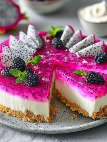A sliced dragon fruit cheesecake on a speckled plate, showing layers of a golden graham cracker crust, creamy white cheesecake filling, and a vibrant magenta dragon fruit gel topping studded with black seeds, garnished with dragon fruit wedges, fresh blackberries, and mint leaves.