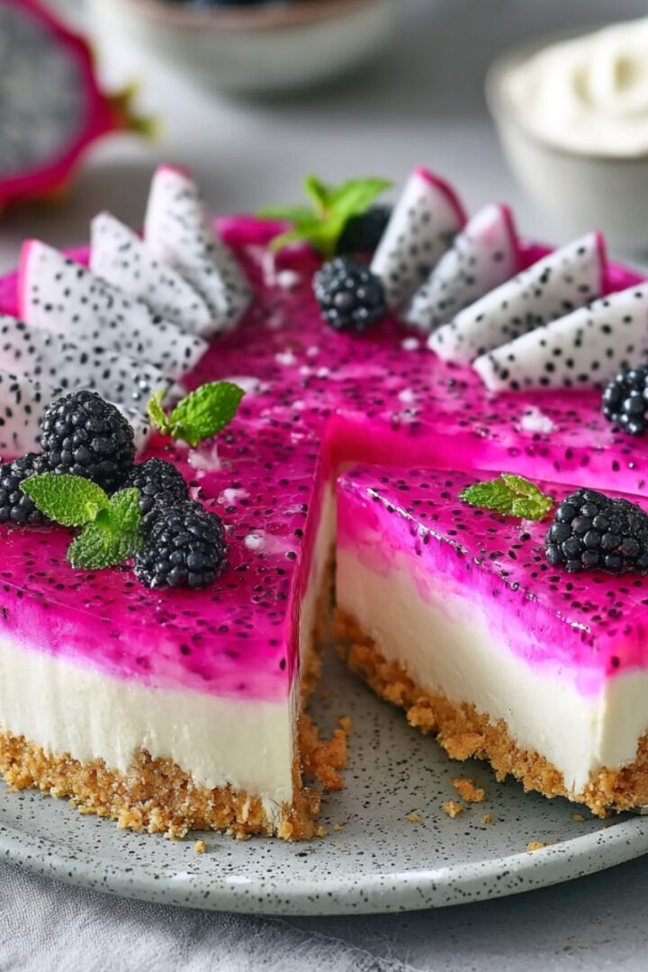 A sliced dragon fruit cheesecake on a speckled plate, showing layers of a golden graham cracker crust, creamy white cheesecake filling, and a vibrant magenta dragon fruit gel topping studded with black seeds, garnished with dragon fruit wedges, fresh blackberries, and mint leaves.