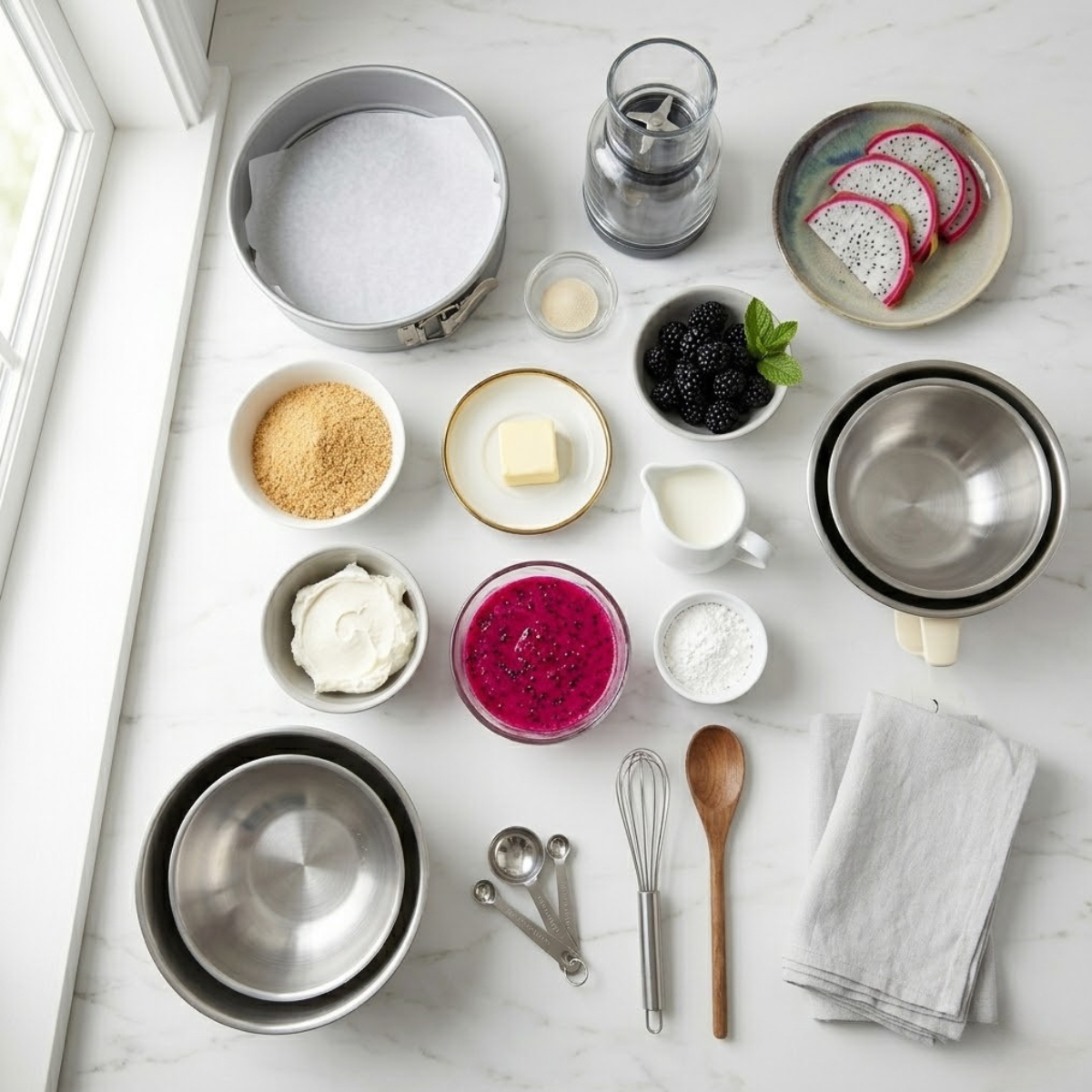 Organized overhead flat lay of raw ingredients for a Dragon Fruit Cheesecake, including graham cracker crumbs, cream cheese, bright pink dragon fruit puree, blackberries, and mint, arranged on a white marble counter in natural light. No hands are visible.