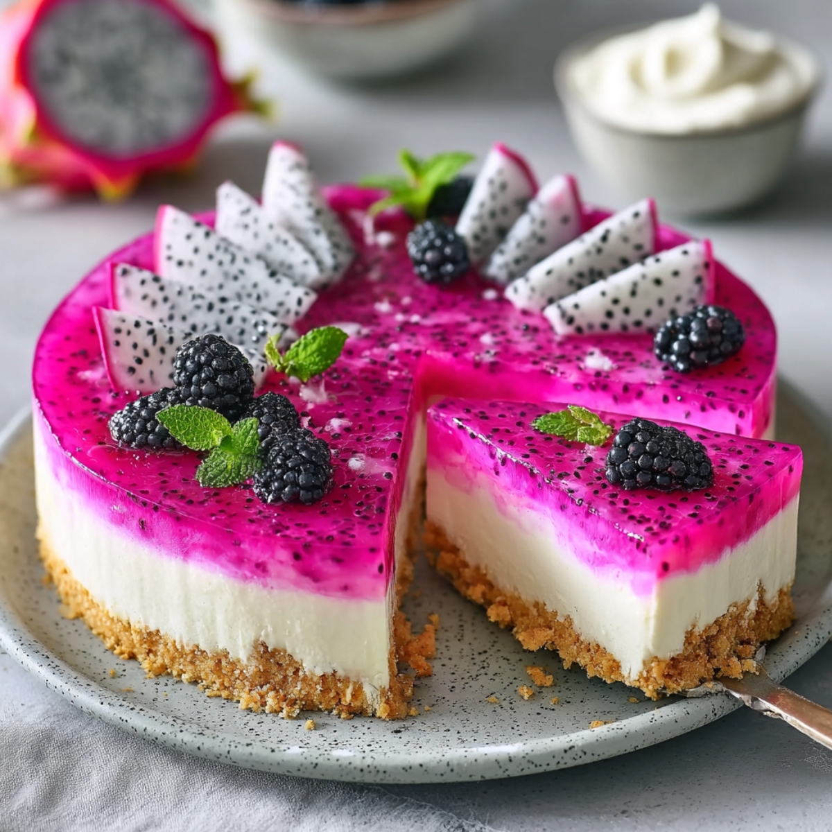 A sliced dragon fruit cheesecake on a speckled plate, showing layers of a golden graham cracker crust, creamy white cheesecake filling, and a vibrant magenta dragon fruit gel topping studded with black seeds, garnished with dragon fruit wedges, fresh blackberries, and mint leaves.